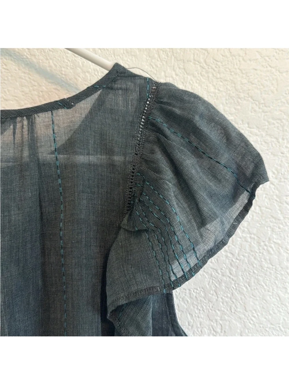 Lucky Brand Womens Top Ruffle Short Cap Sleeve Tie Neck Lightweight Blue NWT